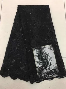 

black African Lace Fabric 2018 stone Fabric High Quality Beaded Lace Fabric African French Tulle Lace For Wedding Sky blue white