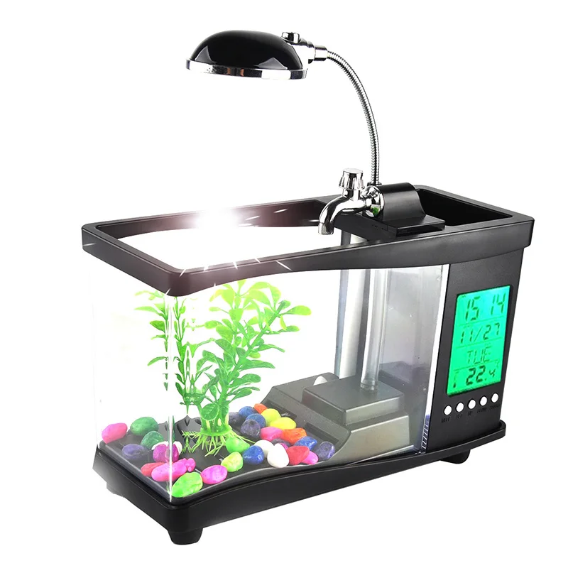 acrylic mini fish tank aquarium led lighting light with alarm clock for