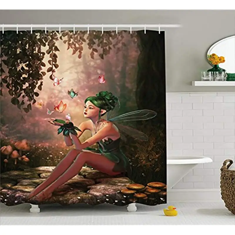 

Vixm Fairy Shower Curtain Girl with Wings and Butterflies Composition Computer Graphics Elven Creature Fabric Bath Curtains