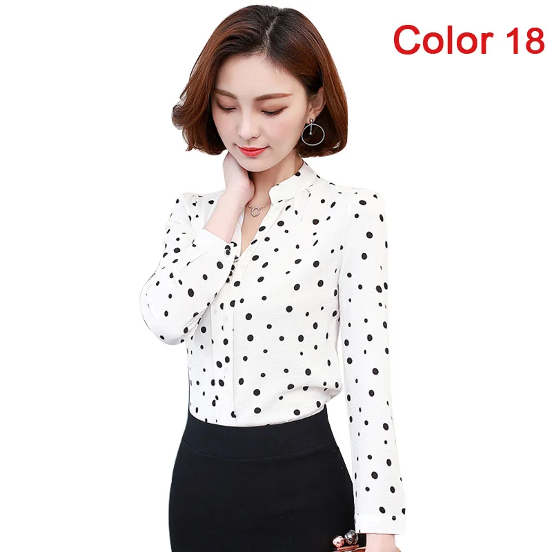 13 Женская шифоновая блузка, рубашка,, женская одежда, длинный рукав, Blusas, шифон, женские офисные блузки, с принтом, в полоску, в горошек, Женский Топ - Цвет: 13