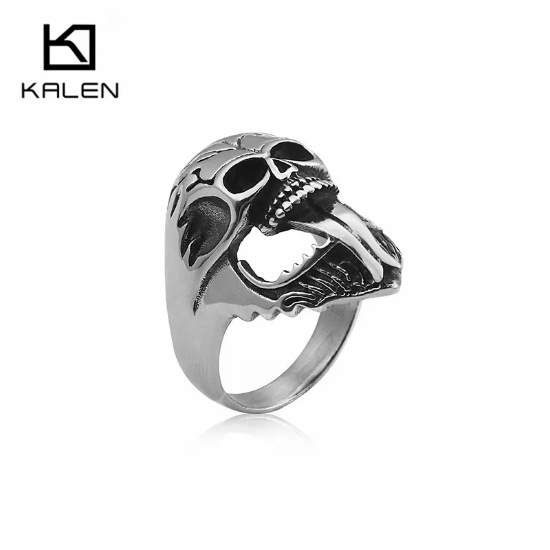 

KALEN Cheap Personalised Skull Rings For Men Stainless Steel Size 8-12 Big Skull Biker Finger Rings Halloween Jewelry
