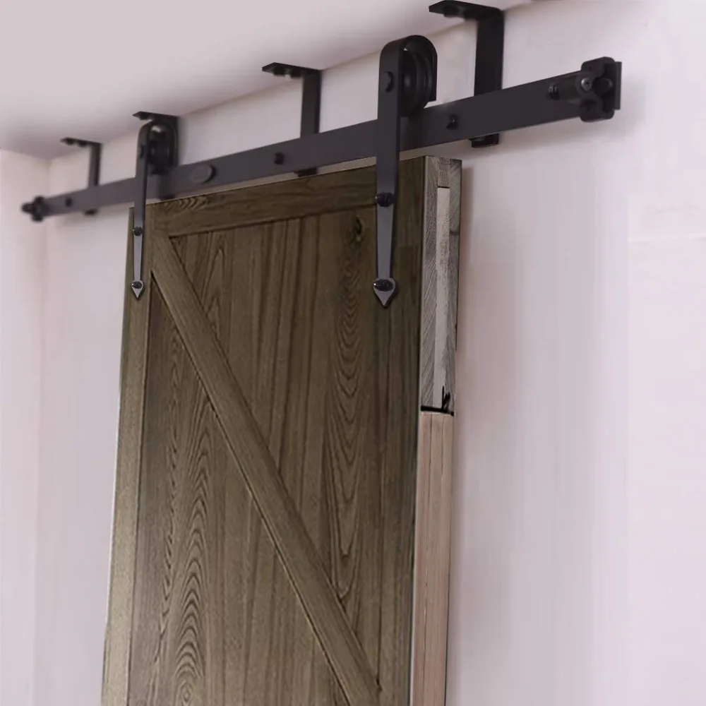 LWZH Ceiling Bracket Mount Sliding Barn Wood Door Hardware Kit 4-20FT Heart Shaped Black Rollers for Interior Sliding Barn Door