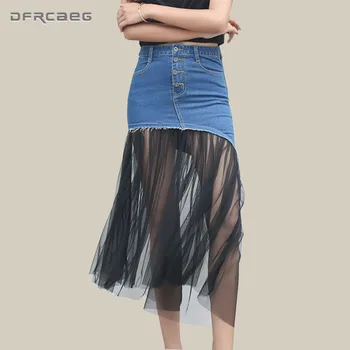 

Vintage Blue Patchwork Mesh Women Denim Skirts Summer 2018 Fashion Streetwear High Waist Saia Jeans Female Casual Long Skirt