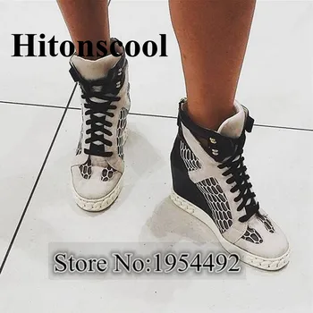 

Genuine Leather Rubber Sole With Chains Trainers Women Wedges Spring Summer Mesh Cut Out Ankle Booties Sneaker Lace Up Shoes