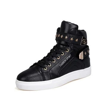 

2016 Fashion High Top Casual Shoes For Men PU Leather Lace Up Red White Mens Casual Shoes Men High Top Shoes Retail Free Ship