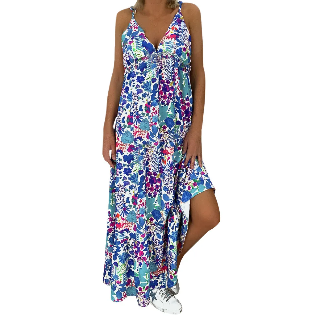 Women's Clothing Dress Women Print Sleeveless Sling Sundress Summer Strap Ankle-length Long Dresses Casual Beach Wearing #BL2
