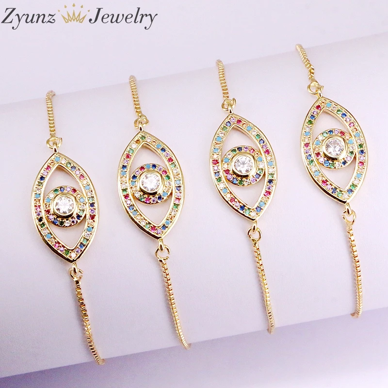 

10PCS, Rainbow CZ Bracelets Gold Color Micro Cubic Zirconia Eye Shape Bracelet Adjustable Chain Charm For Women Jewelry