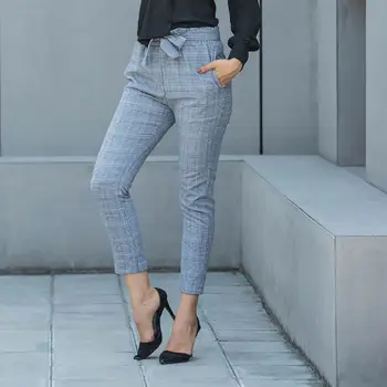 

Women Vintage Plaid Trousers 2019 High Waist Summer Pockets Pants Spring Casual Streetwear Sashes Trousers