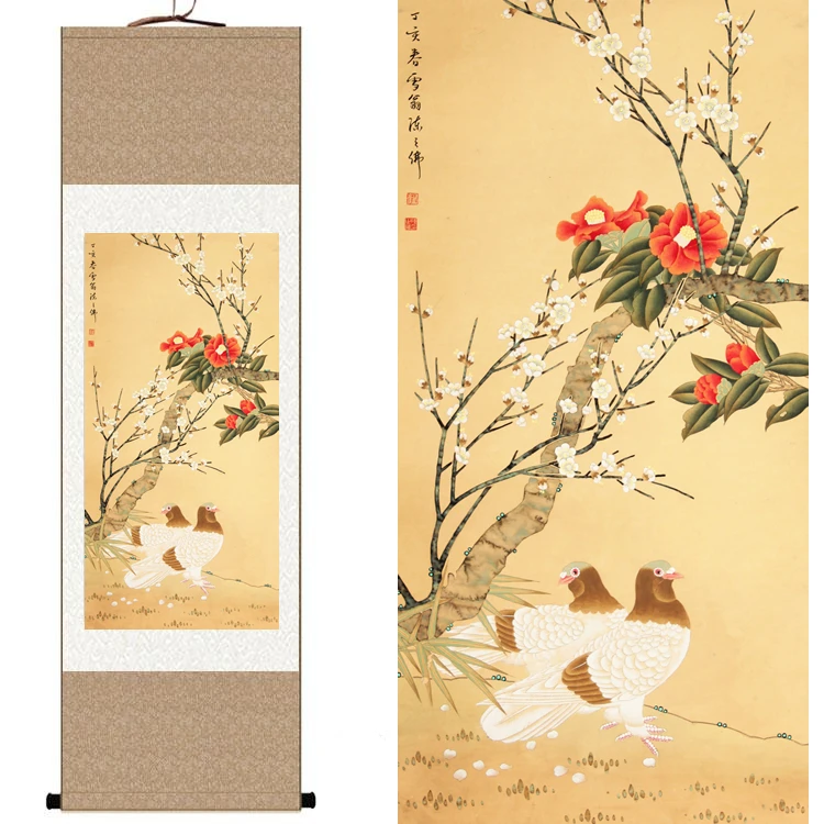 

Chinese Silk watercolor flower & bird Camellia pigeon dove ink art feng shui canvas wall picture damask framed scroll painting