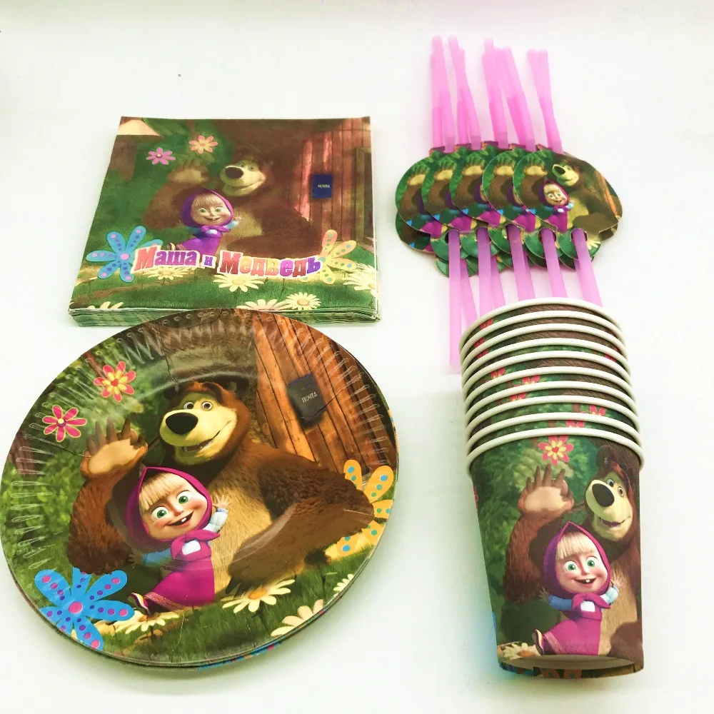 

50Pcs Masha And Bear Theme Family Kids Girl Birthday Party Cartoon Disposable Tableware paper Cup Plate Straw Napkin Supplies