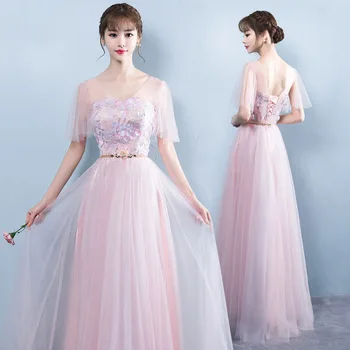 

Pink Full Length Bridesmaid Dress Chinese Women Wedding Party Qipao 2020 New Flower Lace Cheongsam Long Vestido De Festa S-XXL