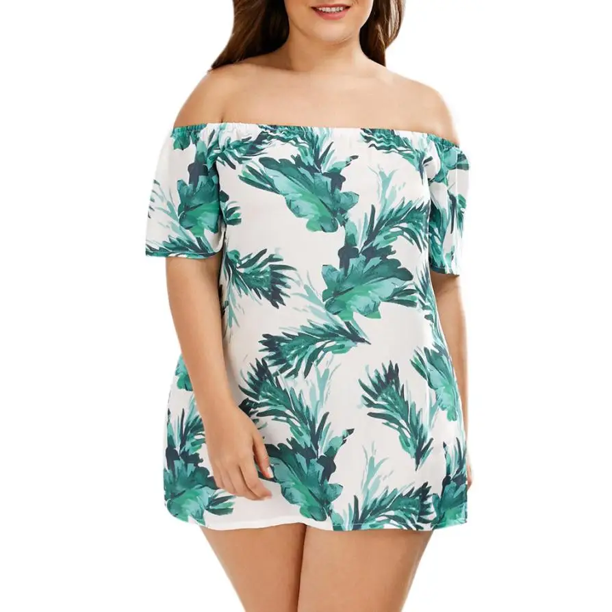 Plus Size 4XL Summer Beach Dress 2018 Womens Elegant Off Shoulder Mini Dresses Sexy Leaf Print