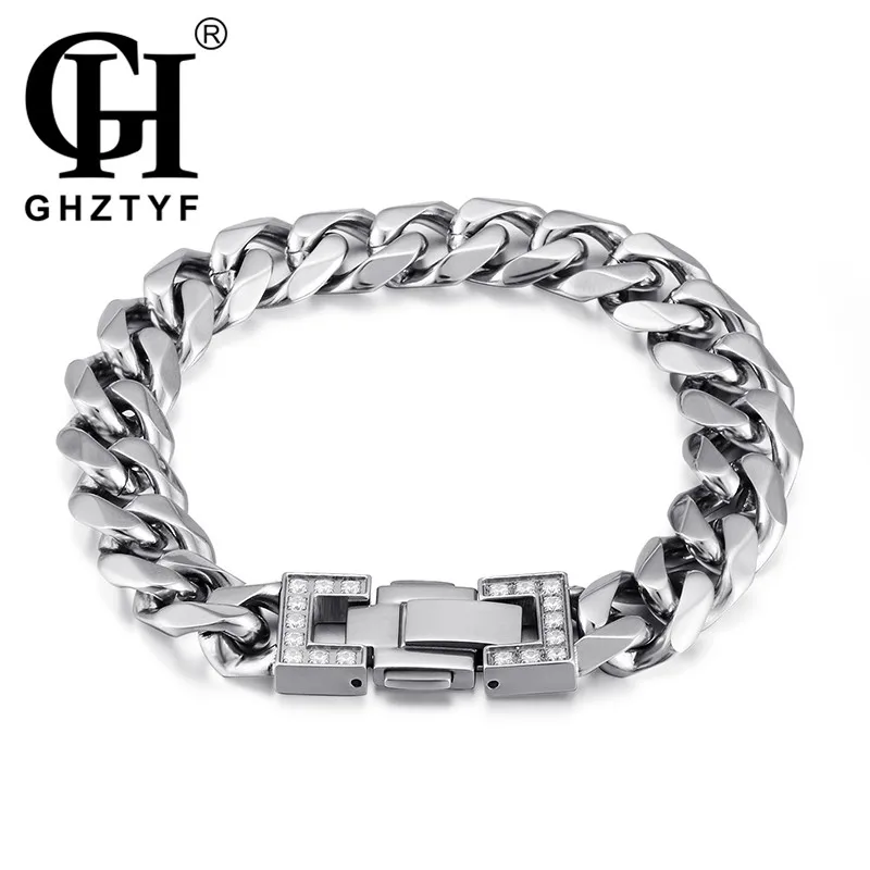 

GHZTYF Men Stainless Steel Bracelet Micro Inlay Zircon Silver Steel's Chain Link Bracelets Male Wristband Bangles Pulseira