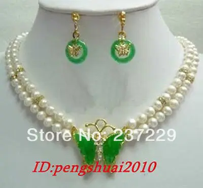 

Wholesale price FREE SHIPPING acharming White pearls necklace 14 KGP green jade butterfly pendant earring set