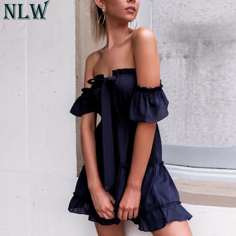 NLW женское красное летнее платье с рюшами Vestidos 2019 открытыми плечами открытой
