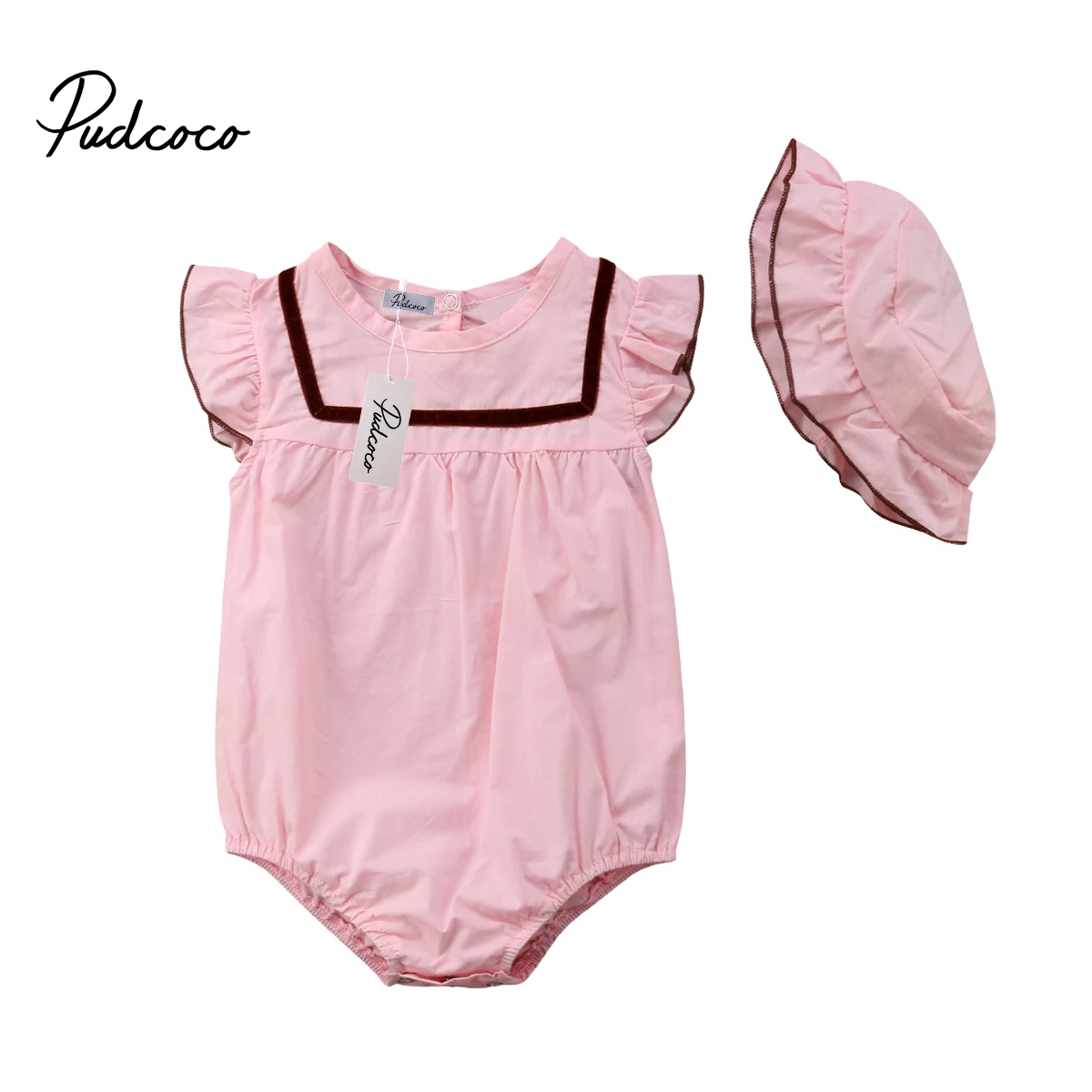 

Babies Pink Bodysuit Hat Clothes Newborn Infant Baby Girl Jumpsuit Hats Outfits Summer Two-Piece Outfit