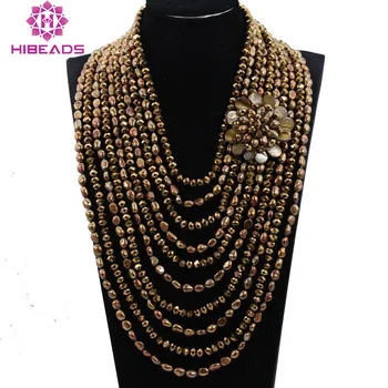 

Exclusive Coffee Brown Baroque Pearls Wedding Jewelry 10 Strands Pearls and Crystal Bib Necklace Bridal Gift Free Shipping FP186