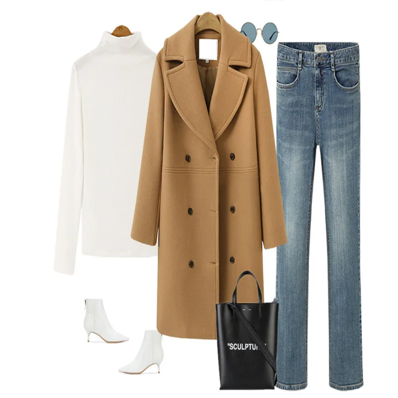 Осеннее и зимнее женское Шерстяное Пальто большого размера в европейском и американском стиле, длинное шерстяное пальто-ветровка, AL306