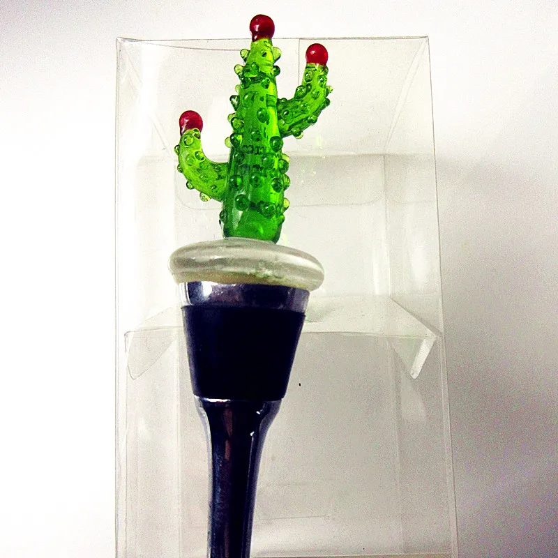 Опт Изготовленный вручную выдувный Инс-стиль креативный муранский стеклянный кактус дизайн из нержавеющей стали вина затычка для бутылок подарок