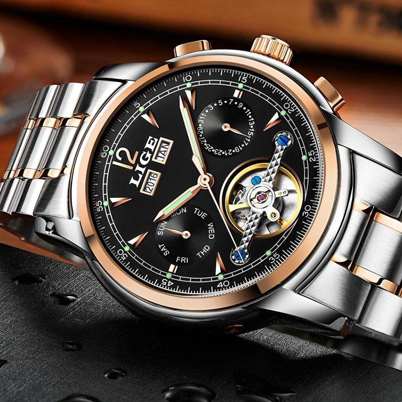 LIGE Men Watches Top Brand Luxury Tourbillon Mechanical Sports Watch Mens Fashion Business Automatic Watch Man Relogio Masculino