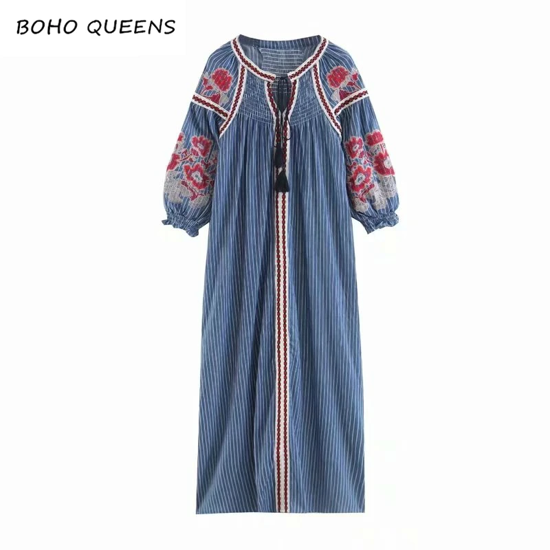 

Boho Chic vestidos women long sleeve cotton Floral embroidery beach Bohemian maxi dress Ladies vintage Summer dress