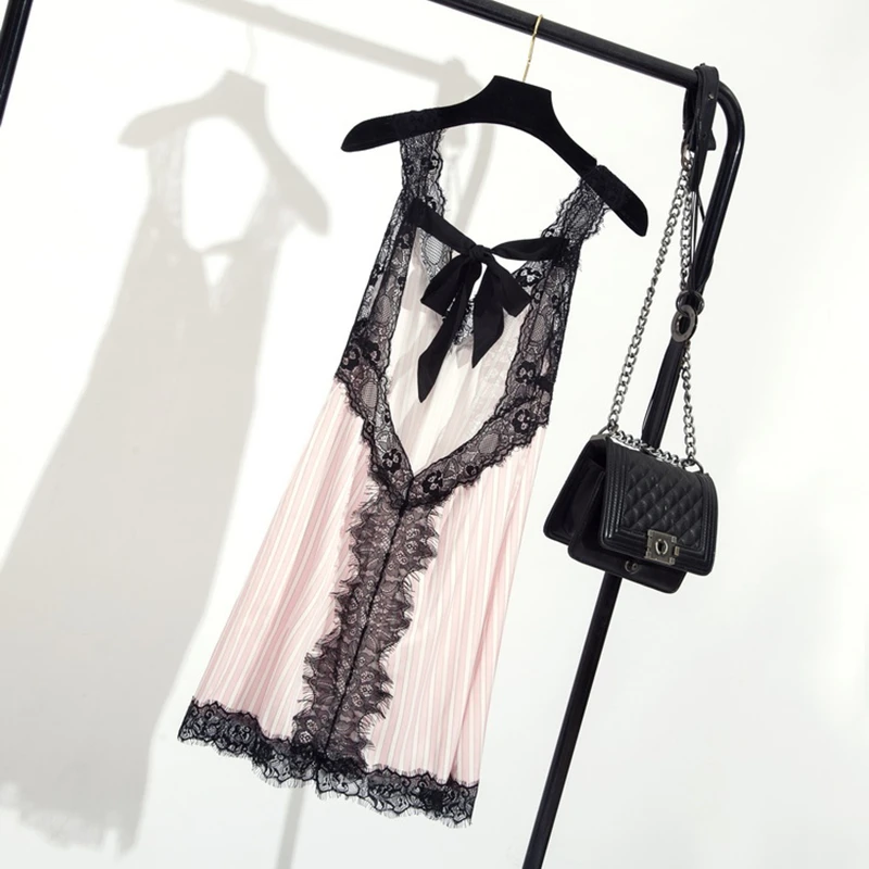 

Pink White Striped Satin Nightgowns Silk Slip Nightwear Eyelash Lace Satin Patchwork Backless Nightdress M