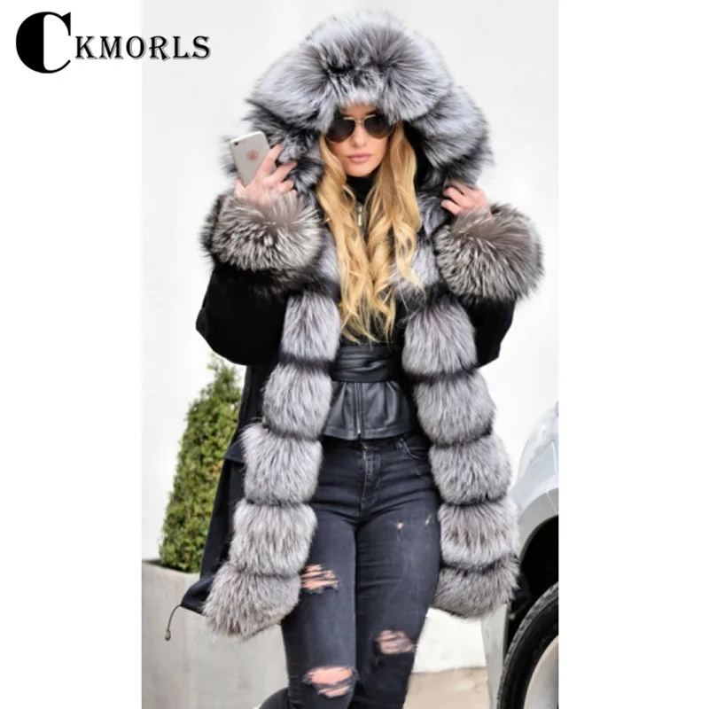 Женские парки CKMORLS из натурального меха лисы черная Меховая куртка с воротником