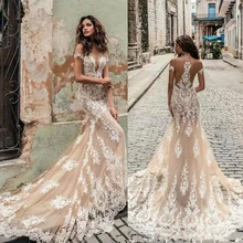 Robe de mariee Julie Vino кружевные свадебные платья цвета шампанского с русалочкой сексуальные с открытыми плечами с глубоким вырезом Свадебные платья на Прокат