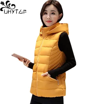 

UHYTGF New Women Vest Fashion Winter Hooded Short Vest Fold Silm Down Cotton Waistcoat Female Warm Sleeveless Vest Plus Size 780
