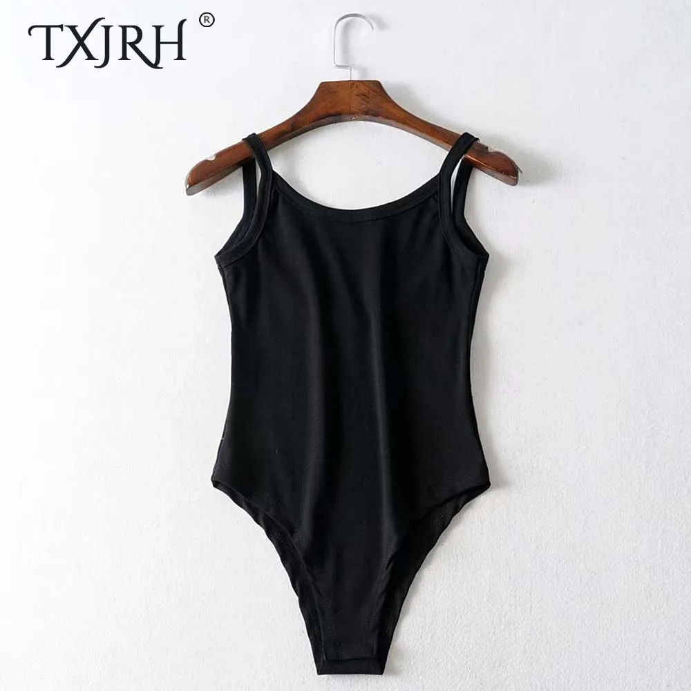 Black TXJRH, сексуальный эластичный комбинезон на бретельках, с открытой спиной, боди, сиамское боди, летнее, тонкое, обтягивающее нижнее белье, футболка, 5 цветов - Цвет: Black