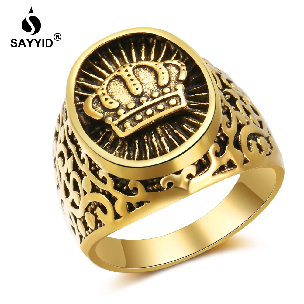 

SAYYID New Design Statement Jewelry Crown Ring for Men's Fashion Retro Plating Ancient Gold Color Ring