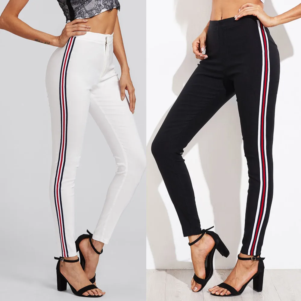 Для женщин брюки вертикальные полосы узкие брюки Для женщин карман офисные Стиль 2018 Высокая Талия Длинные Лидер продаж карандаш брюки F # J08