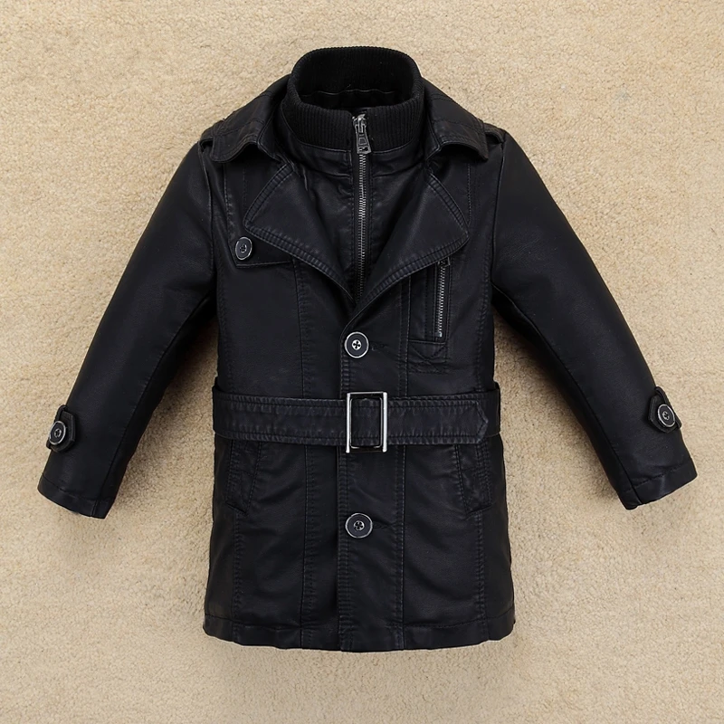 

New arrival kids winter clothing good quality boy leather medium-long plus velvet trench baby winter clothes free shipping