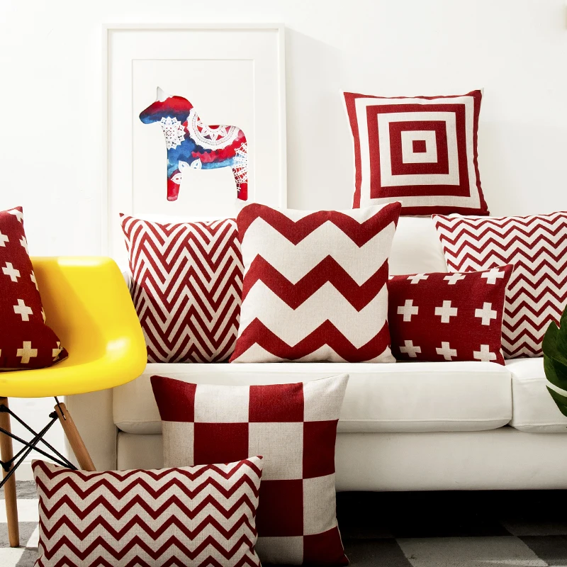 

Red Geometric Lattice Pillow Cushion Cover Pillow Case Home Decorative Pillow Thick Linen Pillowcase Sofa Cushion