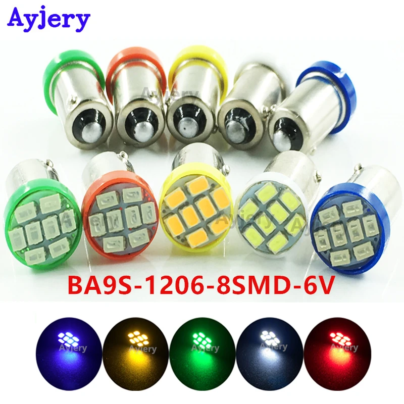 Ayjery, 50 шт в наборе, 6,3 V BA9S 8 SMD 1206 светодиодный T4W T11 светодиодный лампы с источником питания от постоянного тока, 6 V 6,3 V пинбол машины белого и синего цвета красный, зеленый, желтый, приборные панели лампа