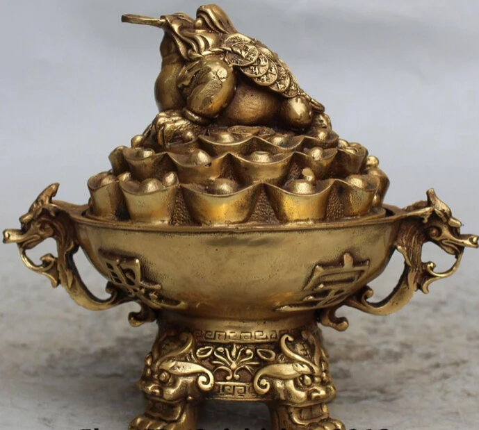 

8" Marked Chinese Bronze Wealth Money Jin Chan Dragon Head Incense Burner Censer R0707