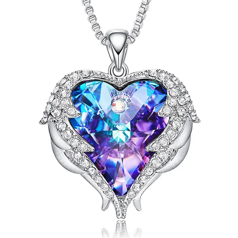 

Fashion Crystals Necklaces Women Angel Heart Pendant Blue Purple Rhinestone women Jewelry Gift#m13-40