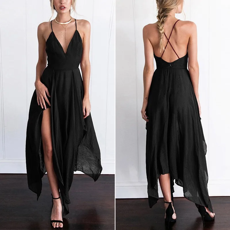 black  Deep V Neck Backless Long Slit Side Cami Dress  