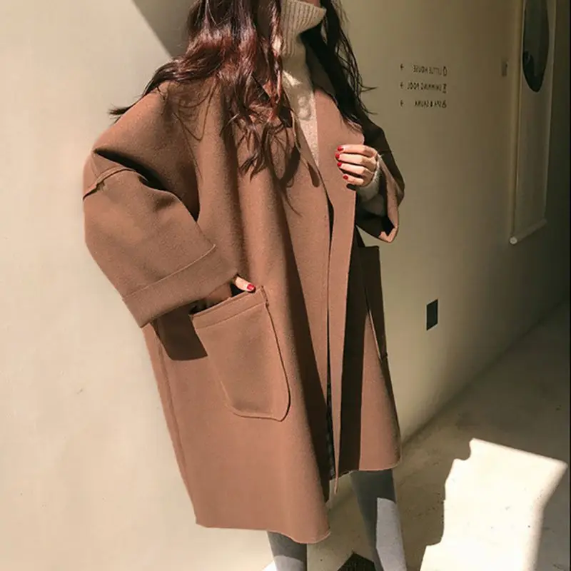 

ROPALIA Women Autumn Winter Elegant Coat Mid-length Lapel Solid Color Loose Woolen Casual Long-sleeved Trench