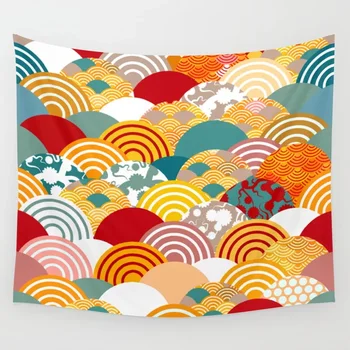 

Nature background japanese sakura flower orange red pink Cherry wave circle pattern Wall Tapestry Cover Beach Towel Blanket