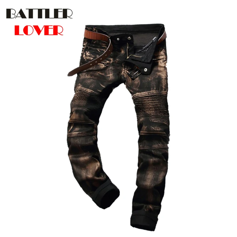 Elastic Motor Jeans Men Fear of God Biker Jeans Gold Paint Trousers Mens Hip Hop Jean Pant Males Casual Luxury Brand Slim Pants