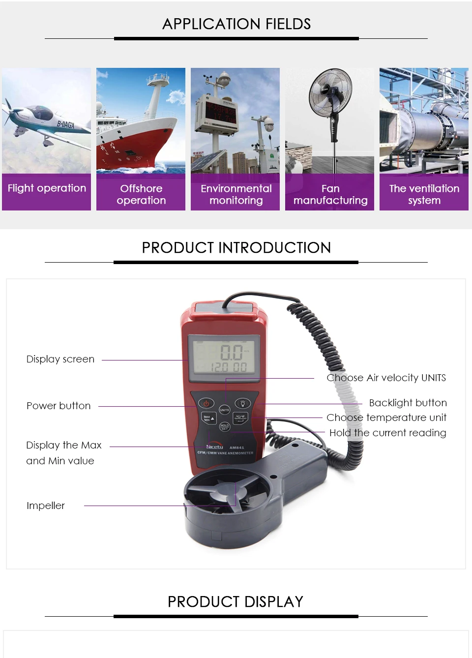 Nicetymeter AM841 Ручной цифровой анемометр измеритель скорости ветра и измерения температуры воздуха с CMM/CFM