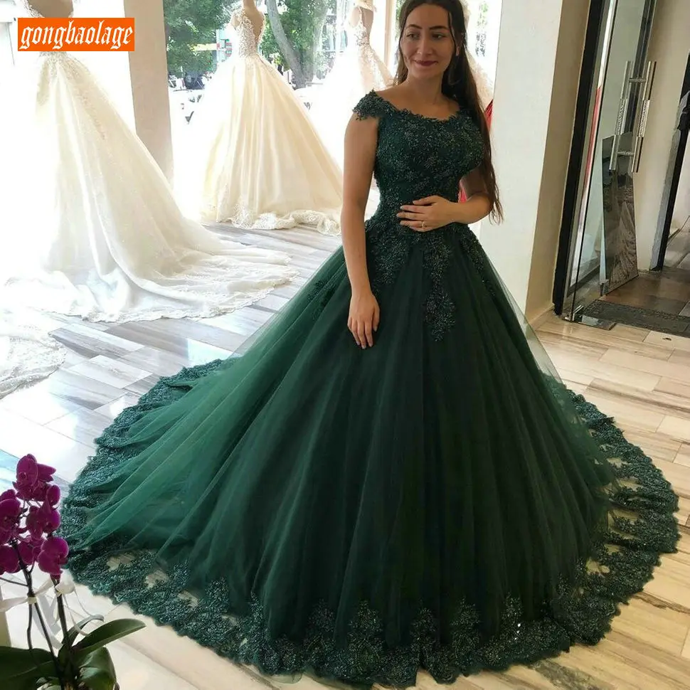 

Fashion Dark Green Party Long Evening Dresses 2020 Lace Appliques Customized Tulle Ball Gown Evening Gowns Pageant Formal Dress