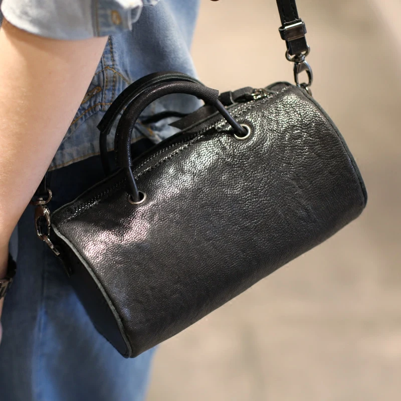 AETOO Black Sheepskin Cylindrical Bag Mini Handbag Shoulder Skip Bag Summer Korean Leather Round Cask