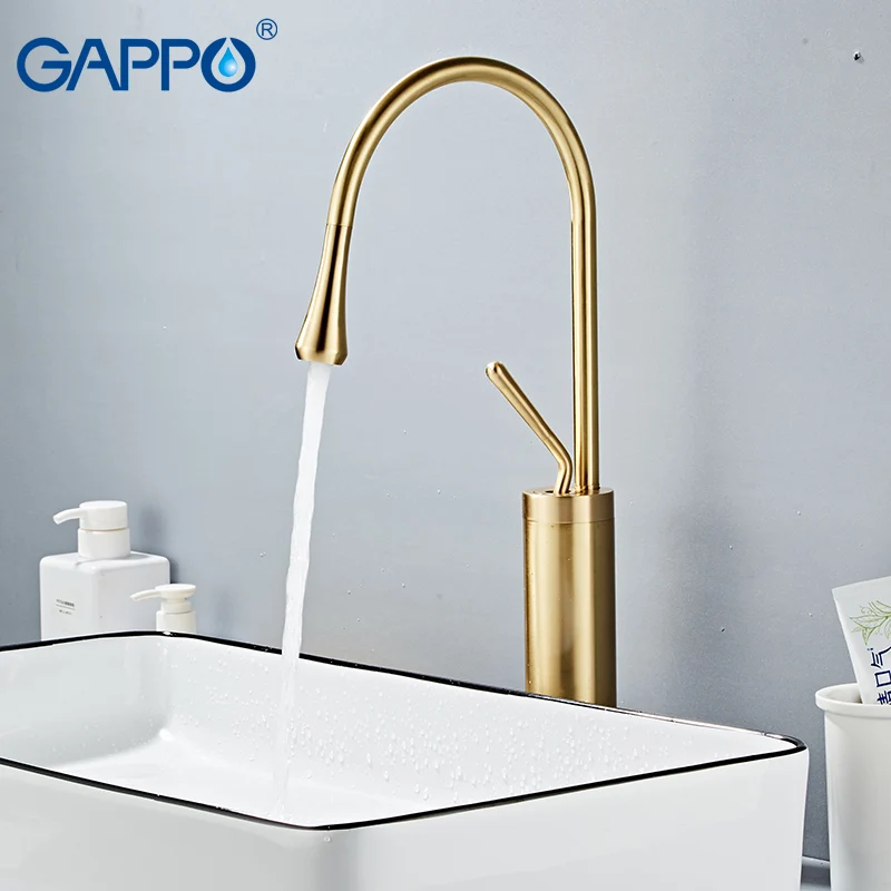 Смеситель для ванной комнаты GAPPO золотистый кран умывальника высокий водопад