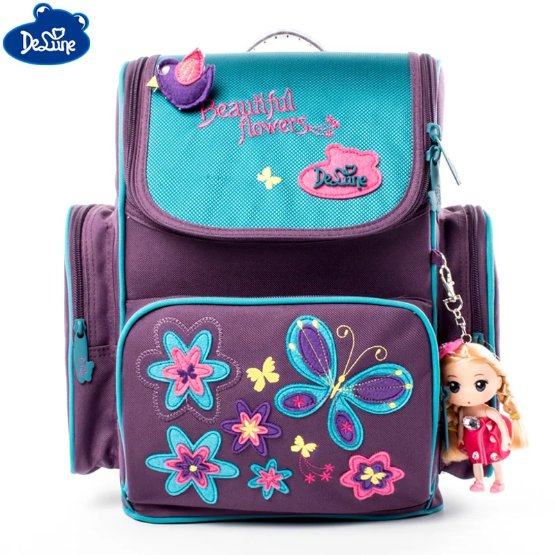 Delune Orthopedic Backpack Butterfly Flowers Waterproof Primary School Book Bag