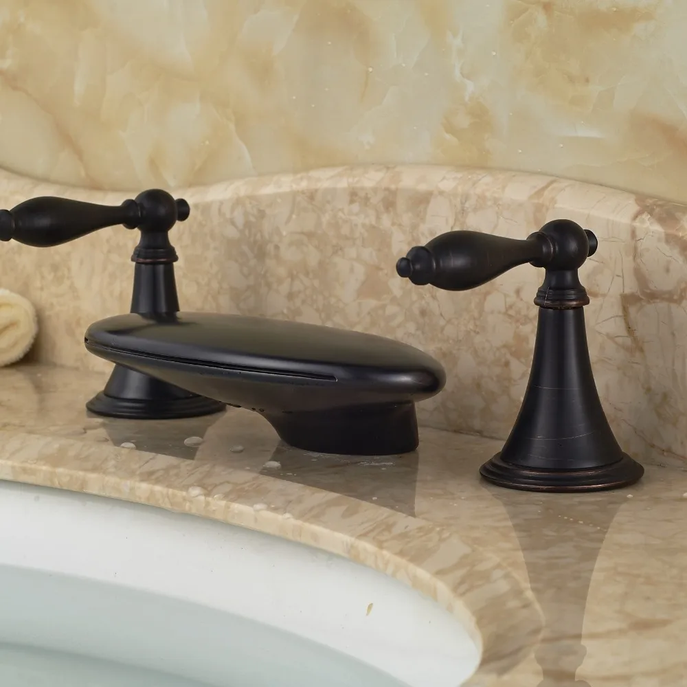 

3pcs Bathroom Basin Faucet Oil Rubbed Broze Vanity Sink Faucet Double Handles Hot&Cold Faucet