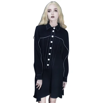 

Punk Women's Slim Pleated Dresses Black Chiffon Leisure Shirt Dress Spring Long Sleeve Casual Dresses