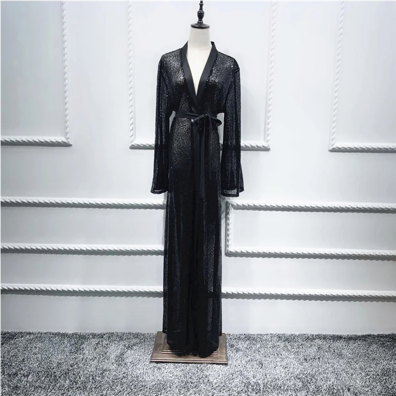 MISSJOY/платье с пайетками abaya, Дубай, Исламские мусульманские Вечерние платья, арабское женское черное модное кимоно с открытым передом, длинное платье-кардиган макси