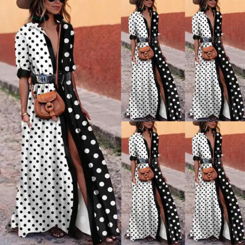 

Womens Polka Dot V-neck Maxi Casual Loose Long Dress Tea Dress Boho
